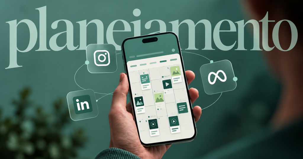 Planejamento para redes sociais representado por um calendário editorial com publicações e pautas organizadas.